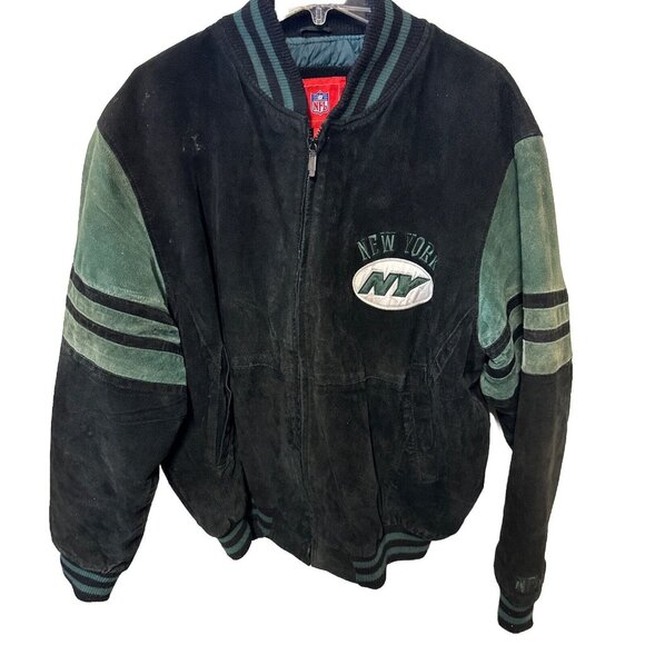 New York Jets Suede Varsity NFL Jacket Black Mens SZ Large - Picture 1 of 12